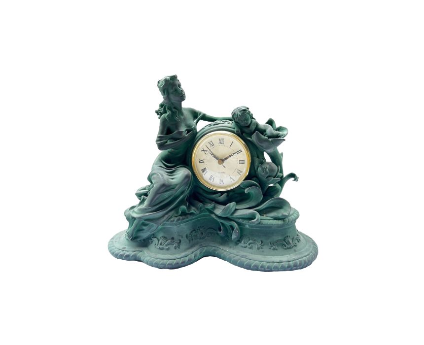 Resin Clock Girl and Baby in Antique Green
