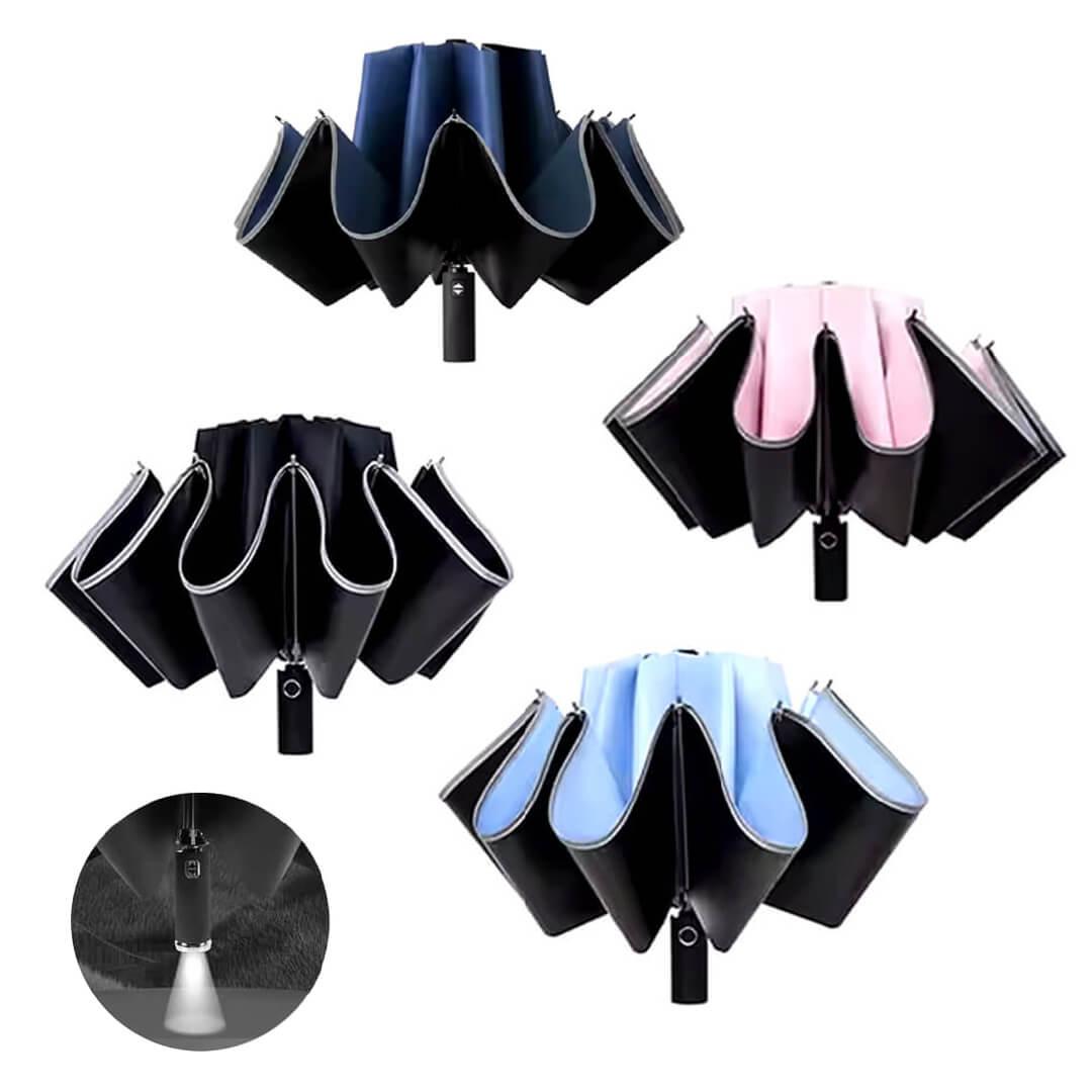 Automatic 3-Fold Inverted Umbrella with Built-In LED Light - Pink