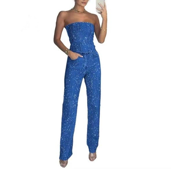 Rhinestone Jeans Pants