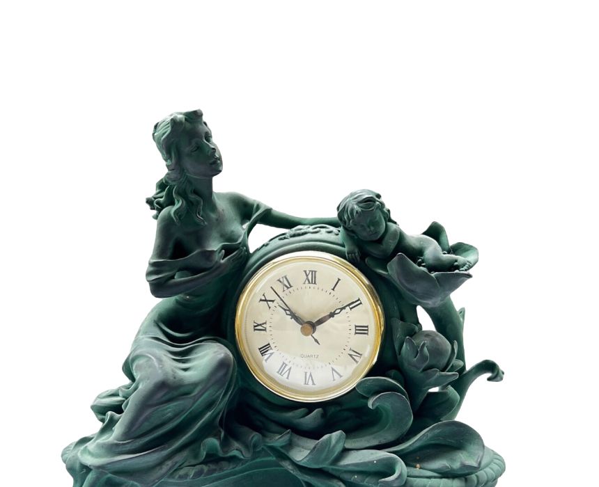 Resin Clock Girl and Baby in Antique Green
