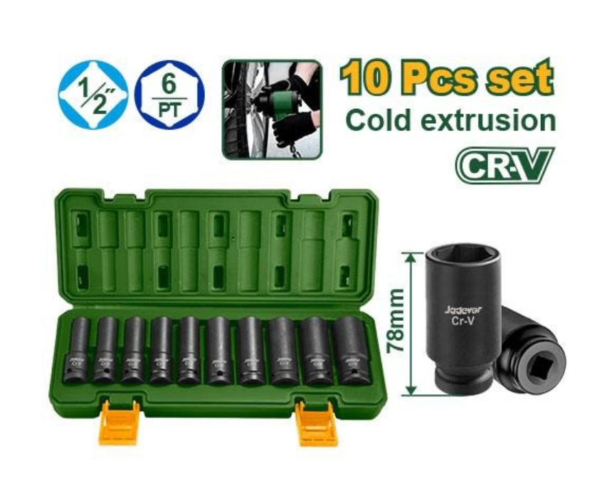 Jadever 1/2 Long Socket Set 10 Pcs