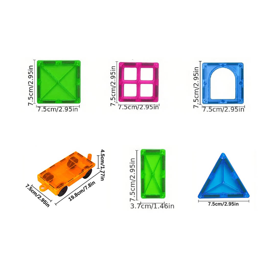 Set of colorful magnetic geometric shapes with measurements 