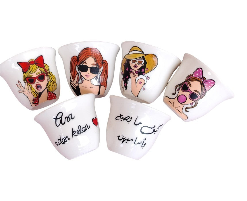 Cartoon Ladies Chaffee Coffee Cups Set of 6