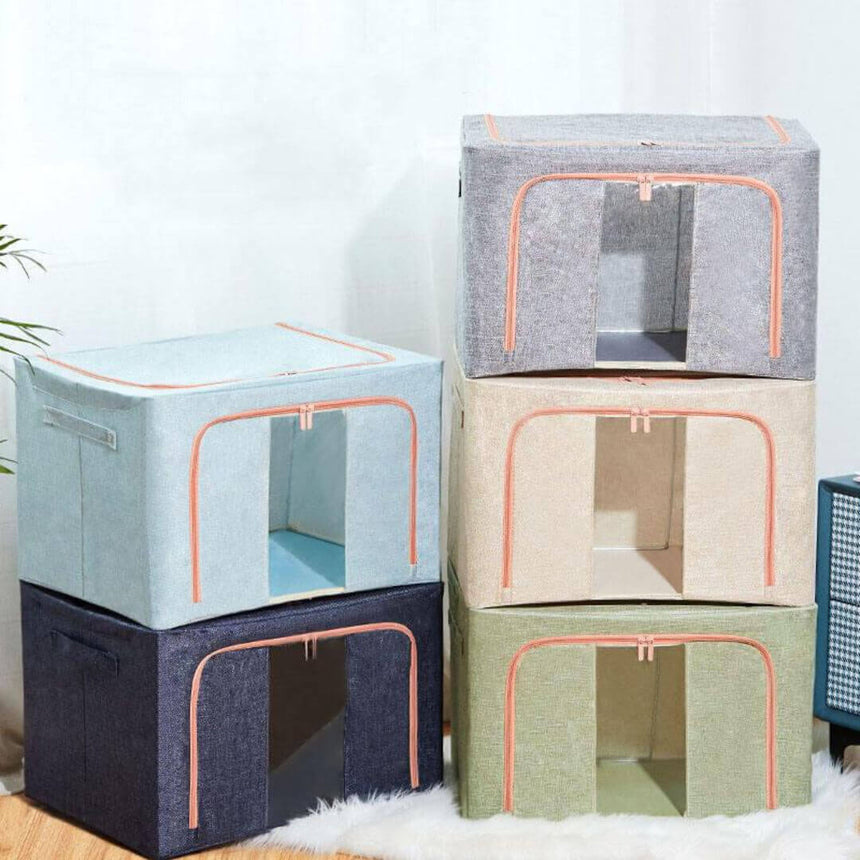 Space-saving fabric storage box with lid for home organization