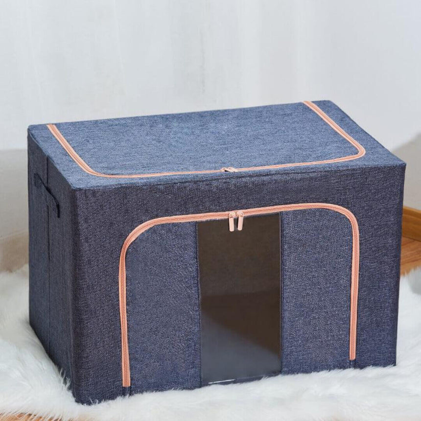 Foldable closet storage box for clothes and blankets, navy color