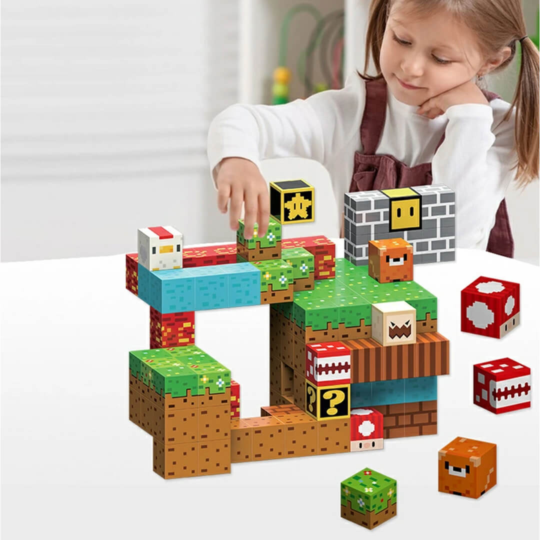 A child playing with a Minecraft-themed magnetic building cube