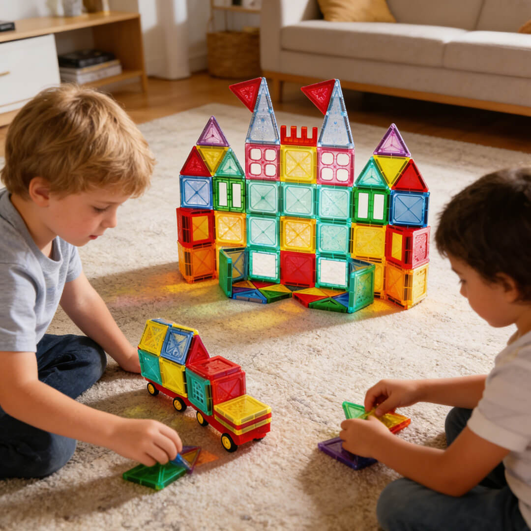 Colorful magnetic building tiles 104-piece kids' construction set