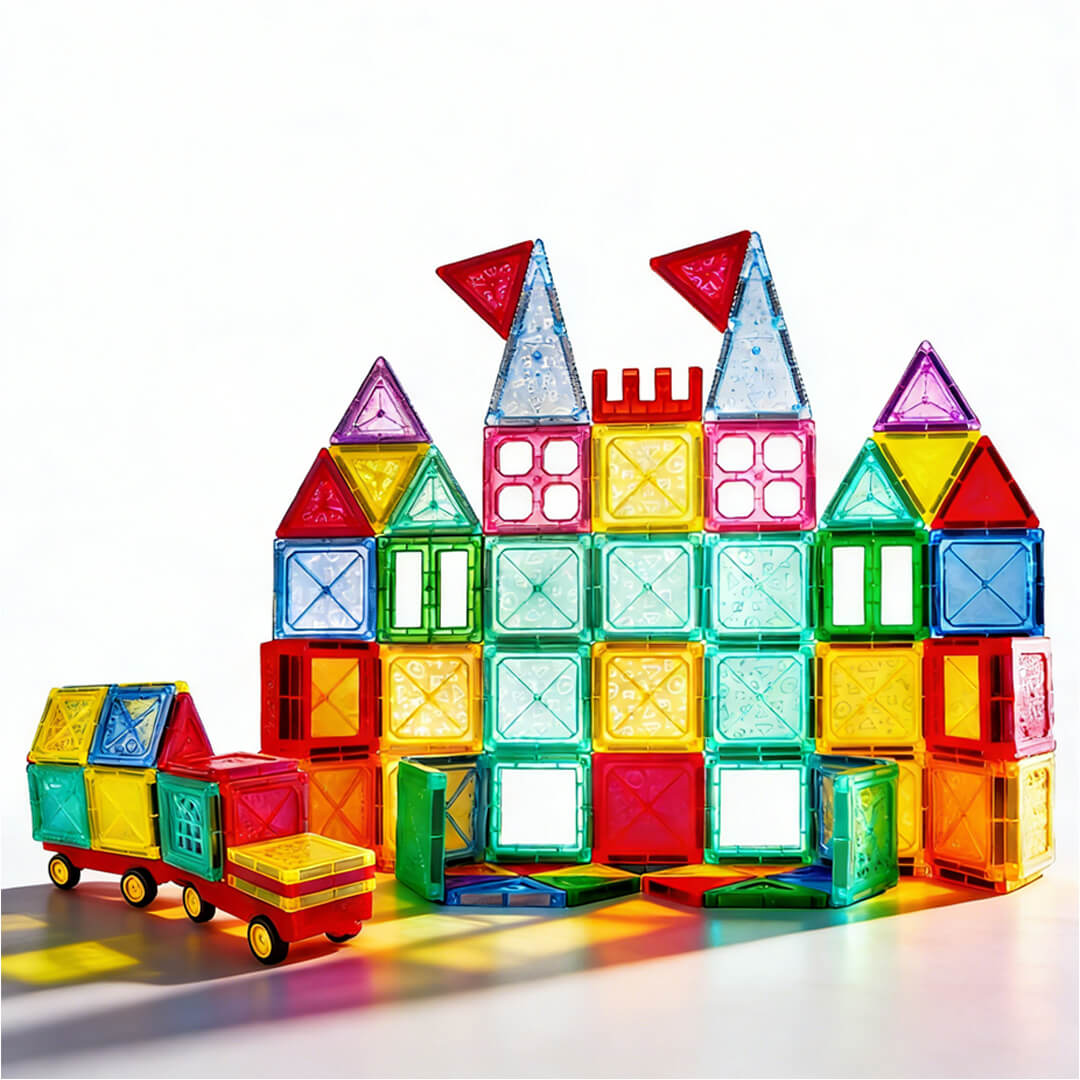 Magnetic building tiles with two-wheeled car bases for kids
