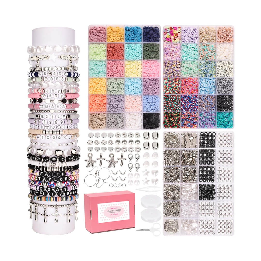 DIY bracelet-making kit with 10,500 colorful clay beads with silver accessories.