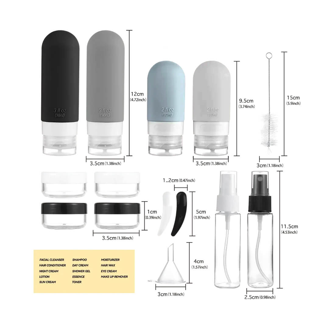 Set of reusable silicon bottles with black caps and measurements 