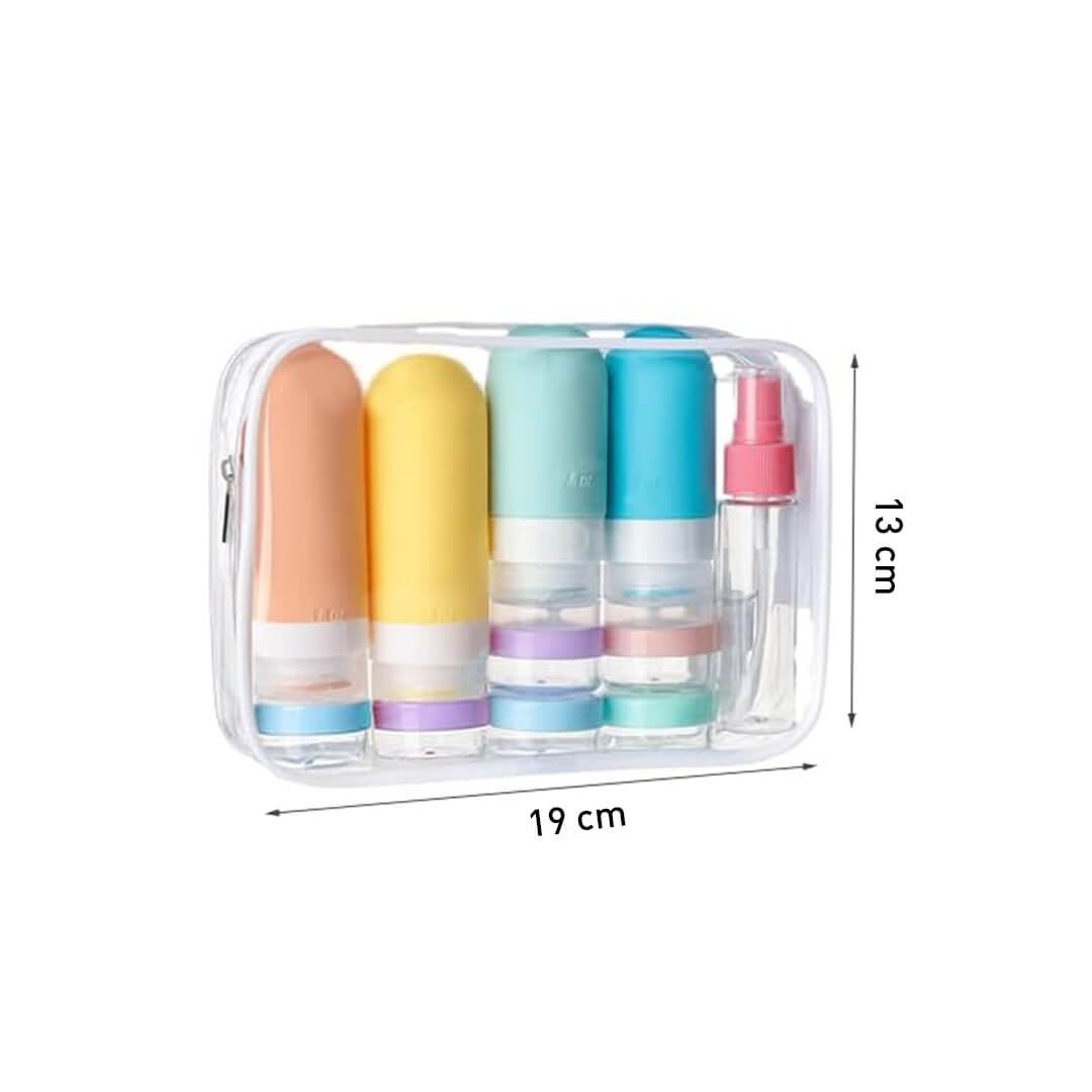 Set of colorful travel-sized bottles in a transparent case with dimensions indicated.
