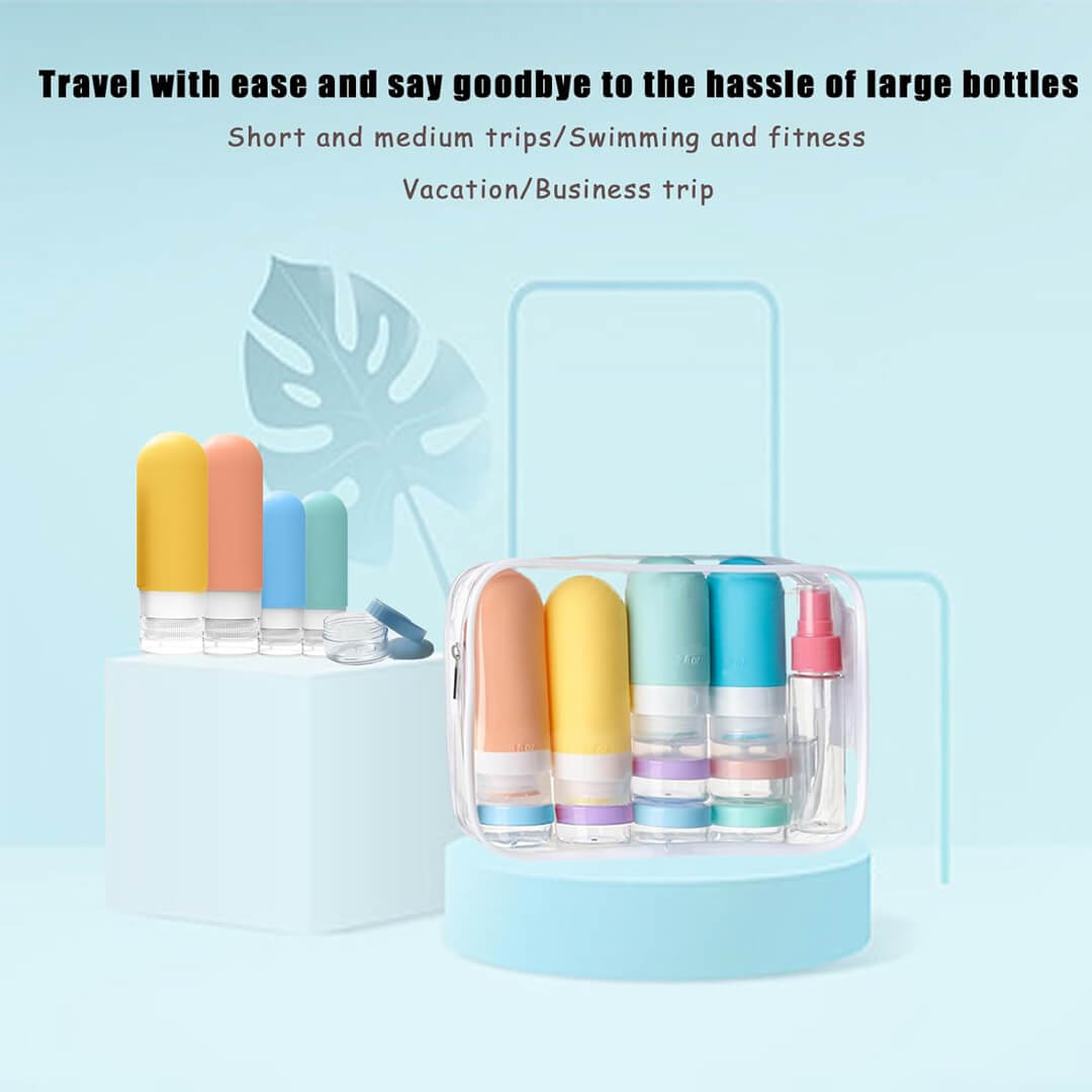 Set of colorful refillable bottles in a transparent travel case 