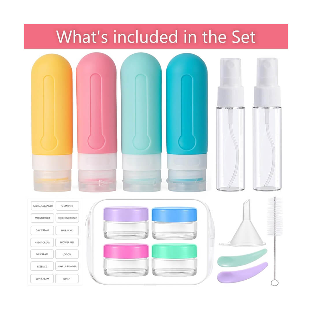 Colorful Leakproof travel bottles kit with jars and spray bottles