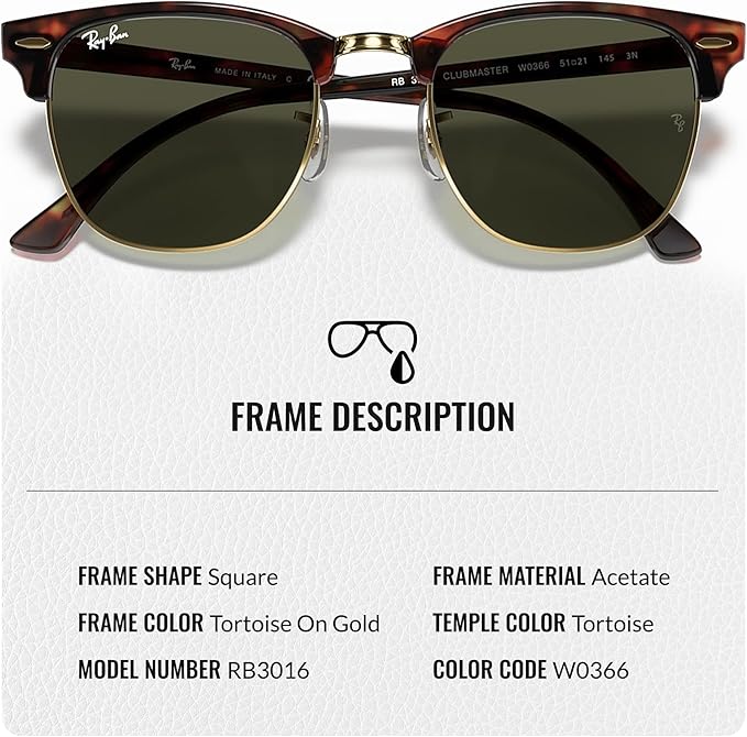 RayBan Clubmaster Sunglasses, 49/21
