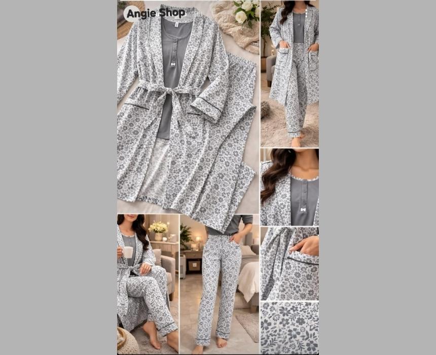 Doucette Women’s 3-Piece Robe & Pyjama Set Grey