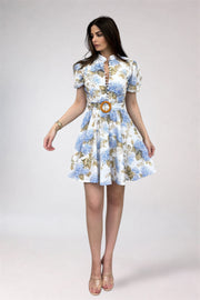 Woman wearing a floral dress with a white background