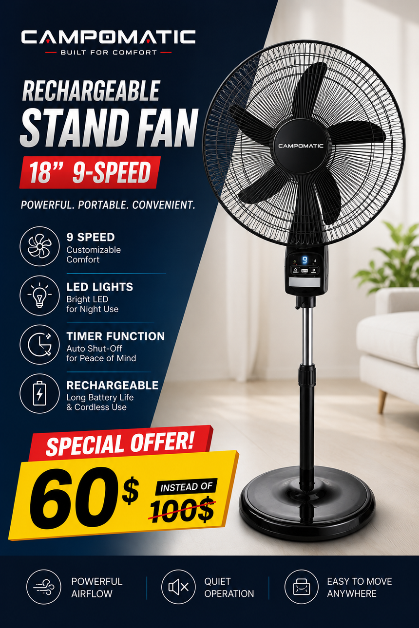 Campomatic Rechargeable Stand Fan 18 Inch