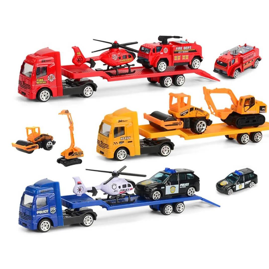 Compact Vehicle Trailer Truck Set - Red Fire, Blue Police, Yellow Construction