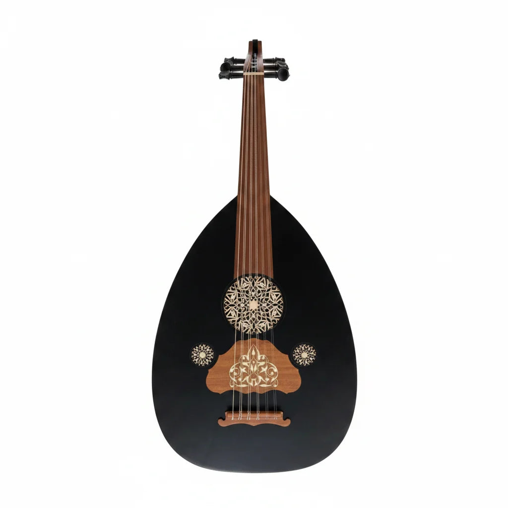Damascus Iraqi Oud Black Finish - Fixed Bridge, with Leather Bag