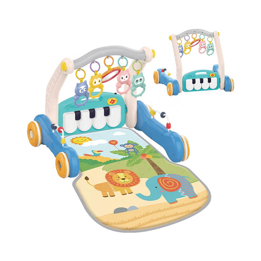 Baby activity mat with removable piano and colorful animals for sensory play, blue