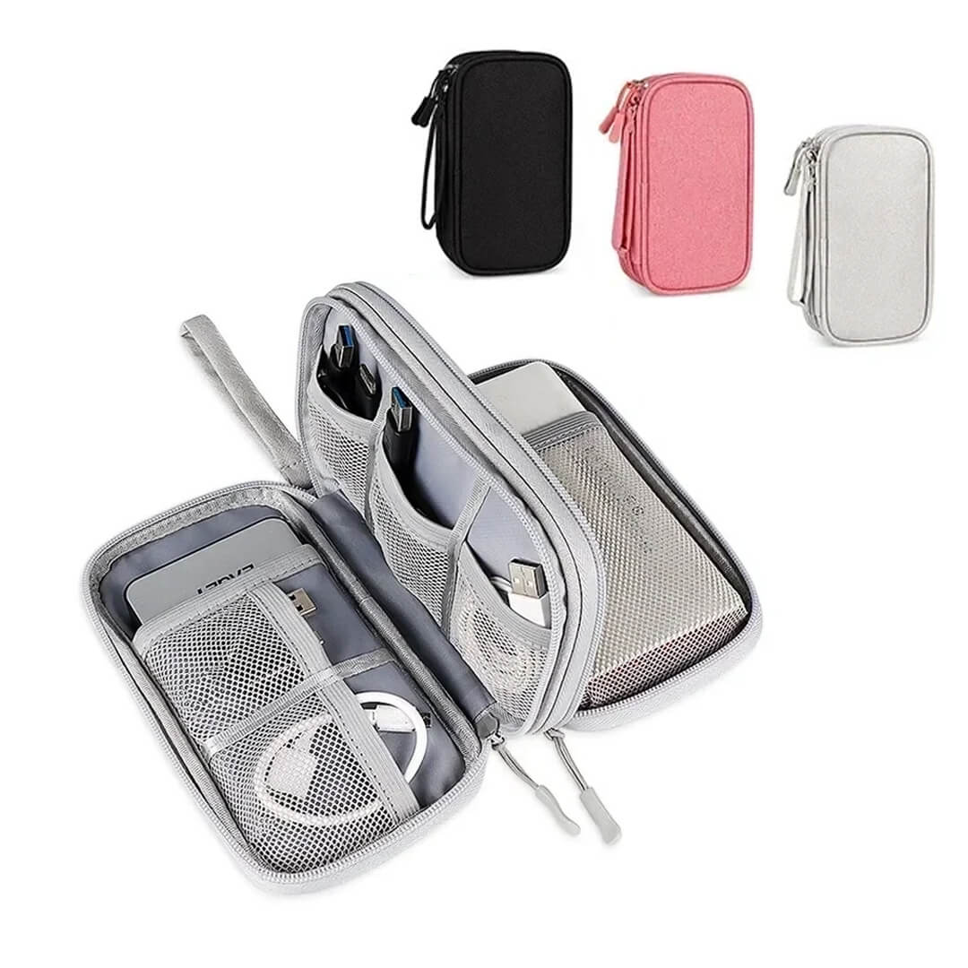 Electronic organizer bag with dual compartments in grey, black and peach colors