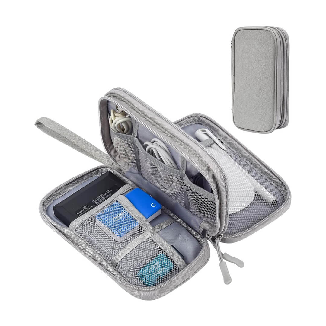 Grey electronic organizer bag with dual compartments
