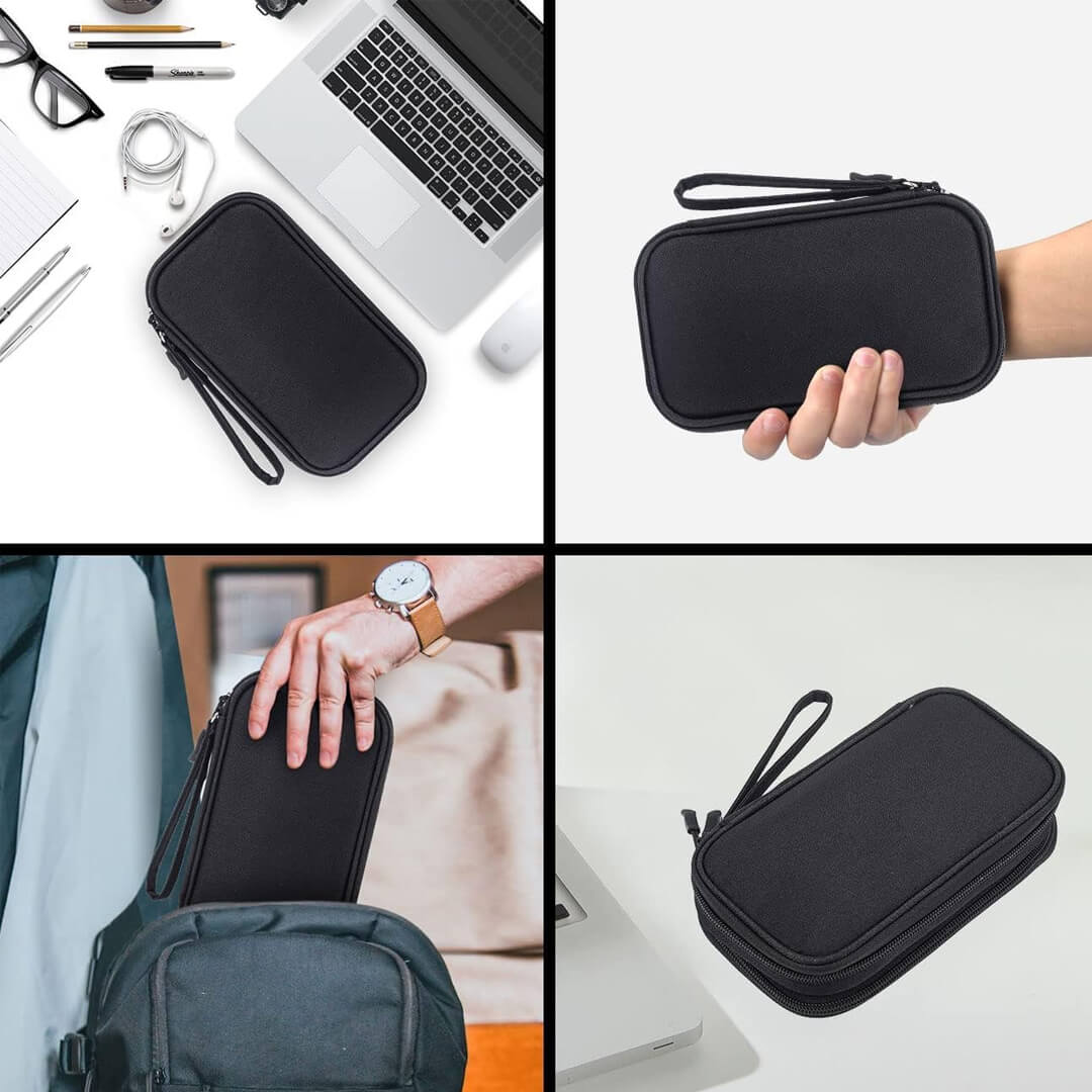 Black waterproof travel accessories case with mesh pockets