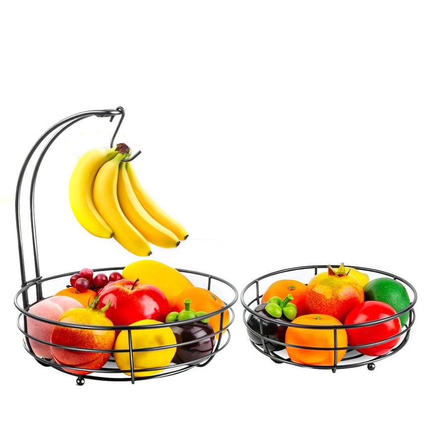 2-Tier Metal Wire Fruit Storage Basket with Banana Hanger