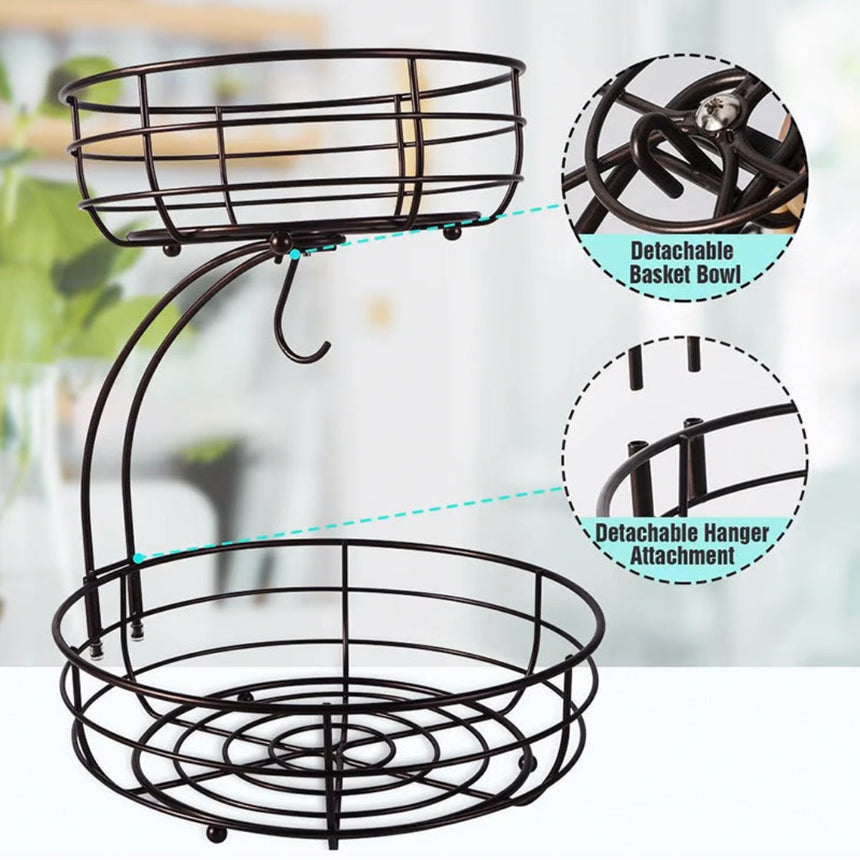 2-Tier Metal Wire Fruit Storage Basket with Banana Hanger