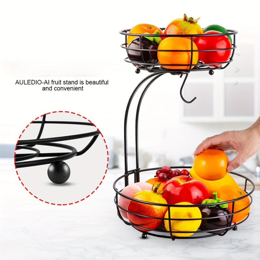 2-Tier Metal Wire Fruit Storage Basket with Banana Hanger
