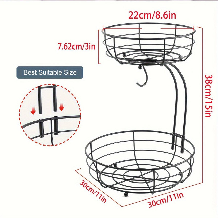 2-Tier Metal Wire Fruit Storage Basket with Banana Hanger