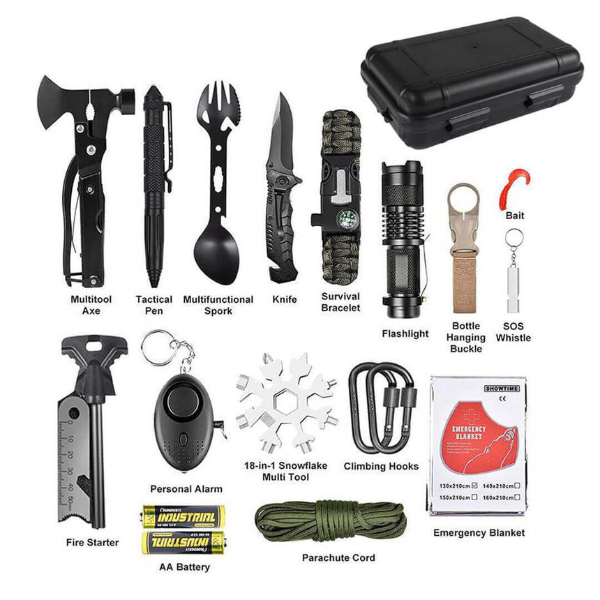 Camping essentials set stored in a sturdy 20-in-1 black case