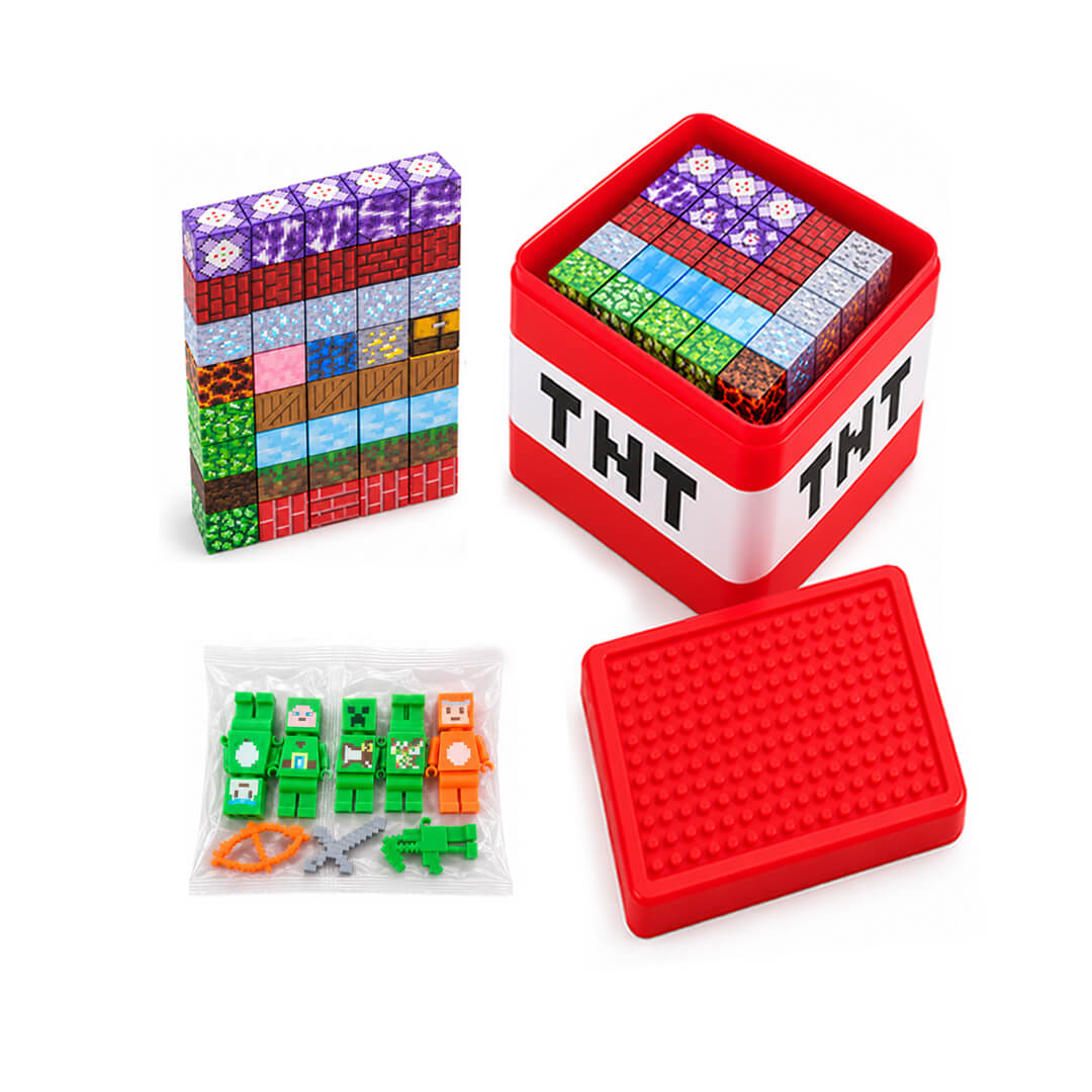 Kids' magnetic building cube set with storage box