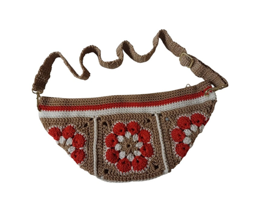 Floral Red and Brown Crochet Crossbody Bag