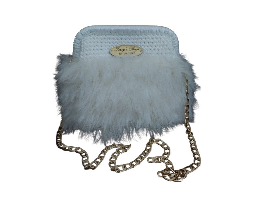 White Fur-Accent Clutch Handbag