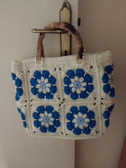 Royal Blue and Off-white Floral Summer Tote Bag
