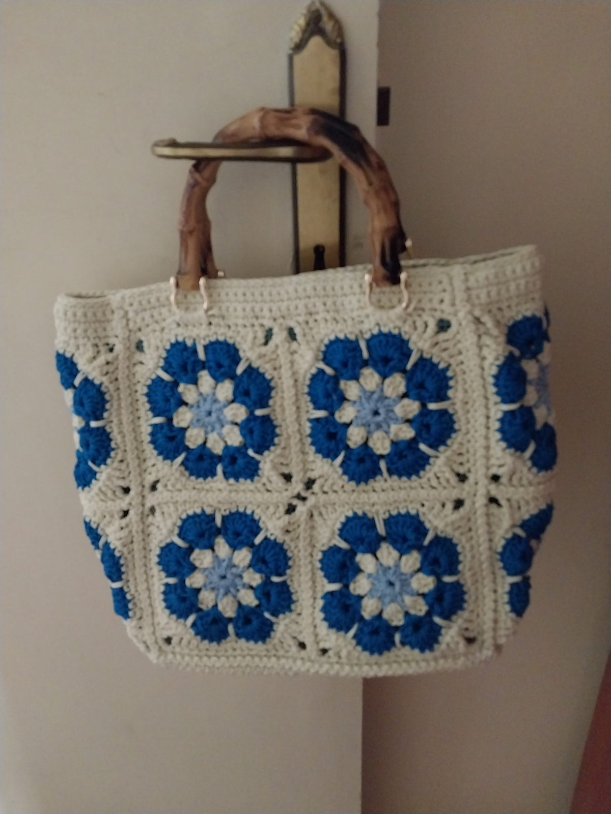 Royal Blue and Off-white Floral Summer Tote Bag