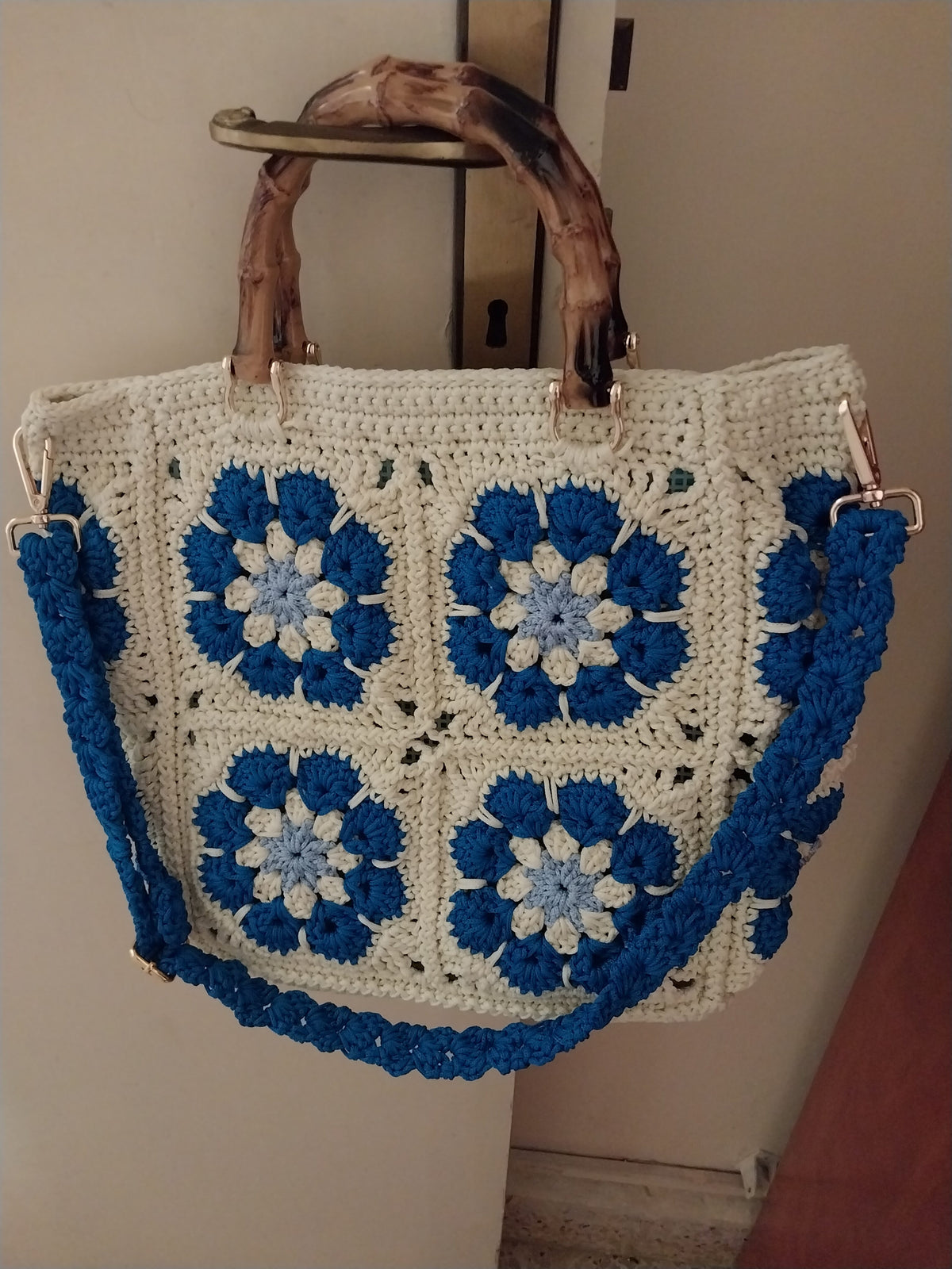 Royal Blue and Off-white Floral Summer Tote Bag