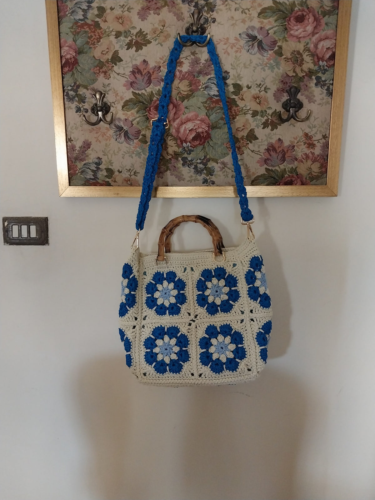 Royal Blue and Off-white Floral Summer Tote Bag