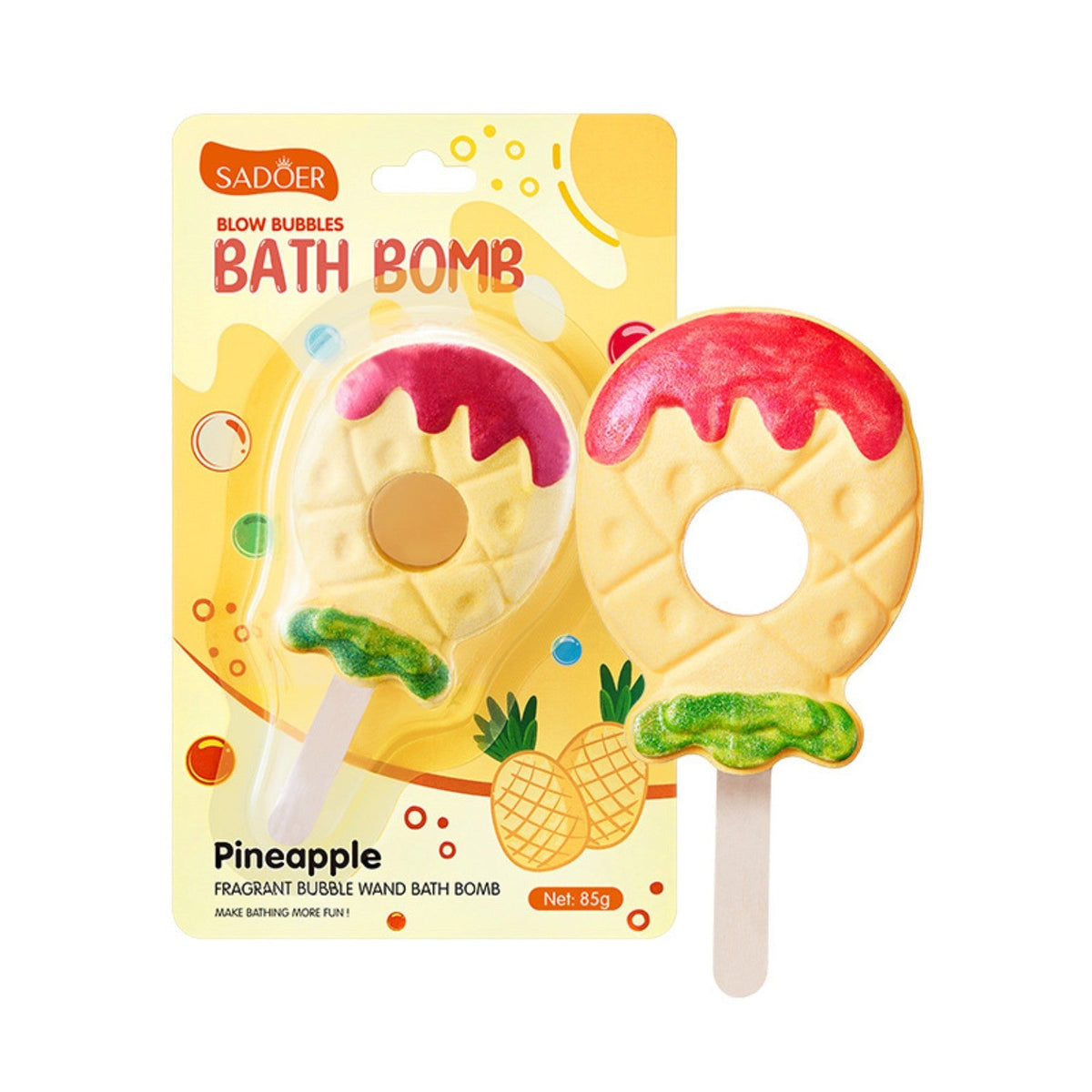 Pineapple scented SADOER bath bomb lollipop 85g with retail packaging