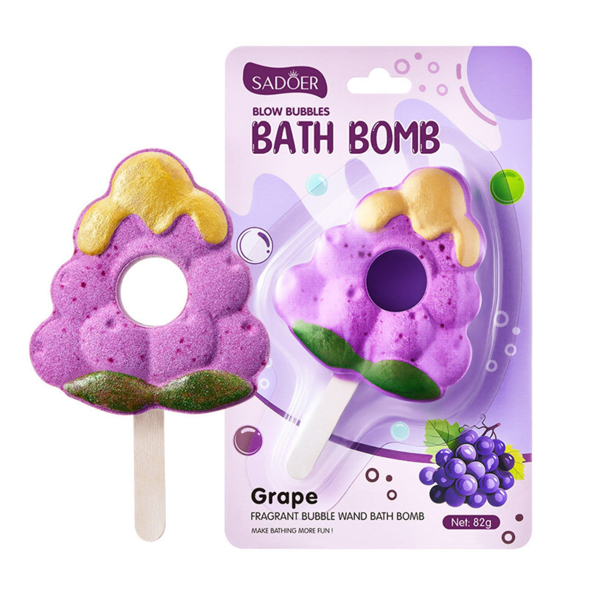 Grape scented SADOER bath bomb lollipop 82g with retail packaging