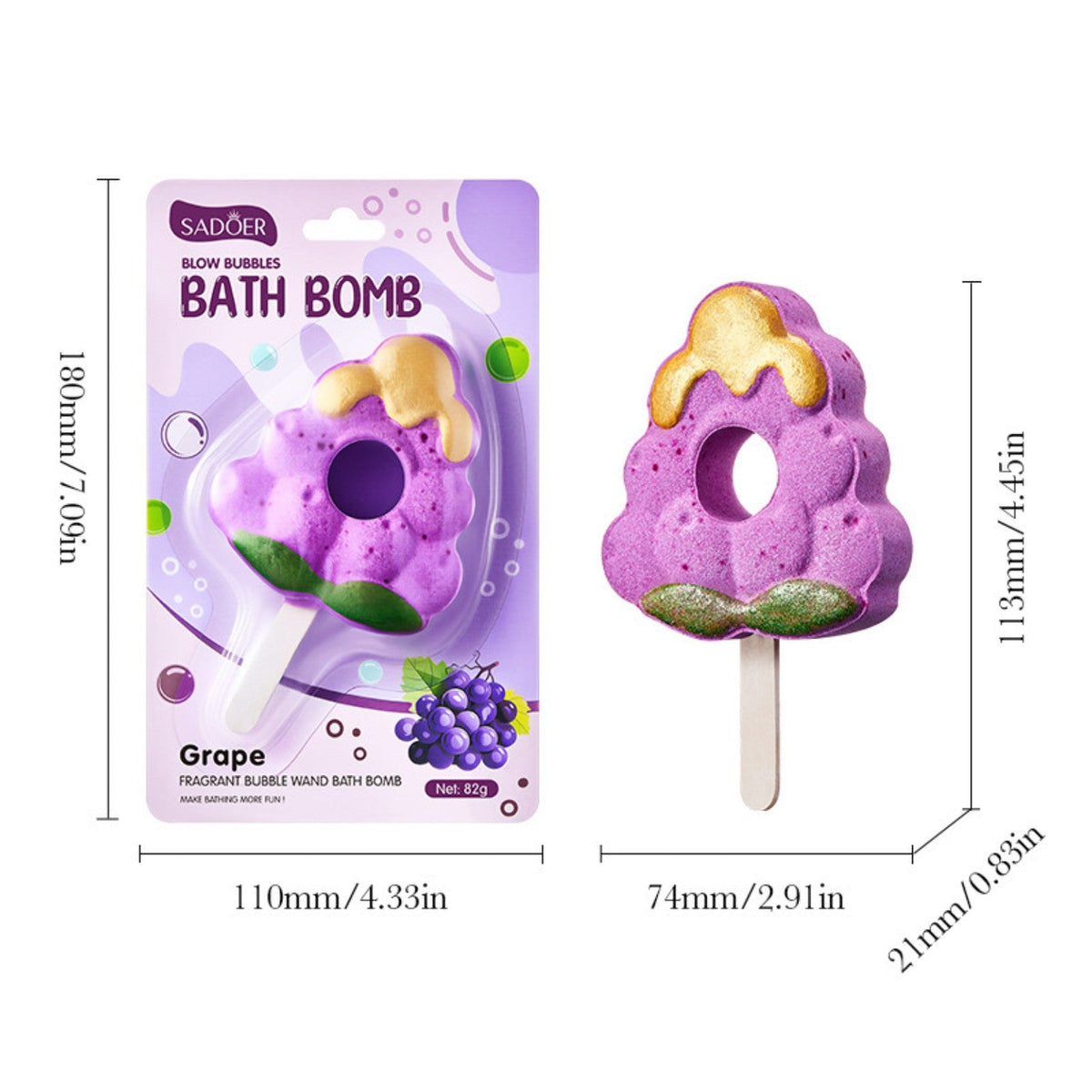 Bath bomb lollipop dimensions 113 x 74 x 21 mm; packaging 180 x 110 mm