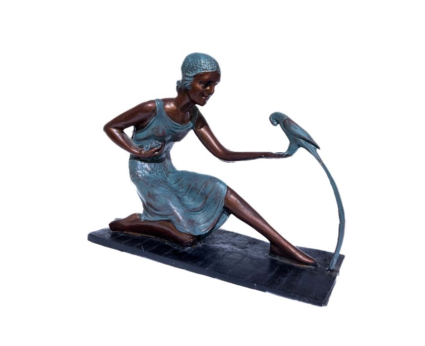 Poly Resin Girl with Parrot Sculpture