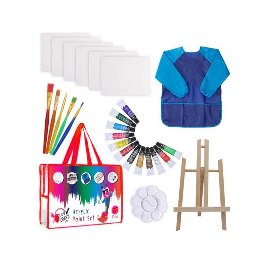 26-piece kids' acrylic art set with easel and blue apron