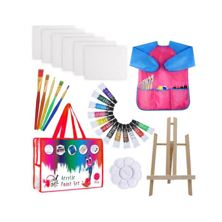26-piece kids' acrylic art set with easel and pink apron