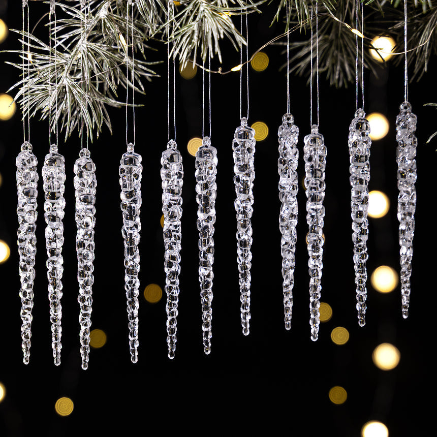 Transparent Crystal-Look Christmas Icicle Ornaments 12 Pcs