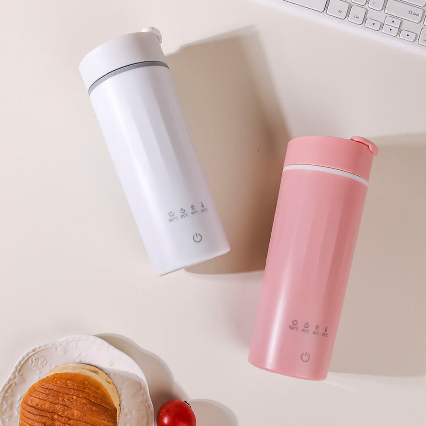 Compact 2-in-1 electric kettle and insulated mug, white & pink
