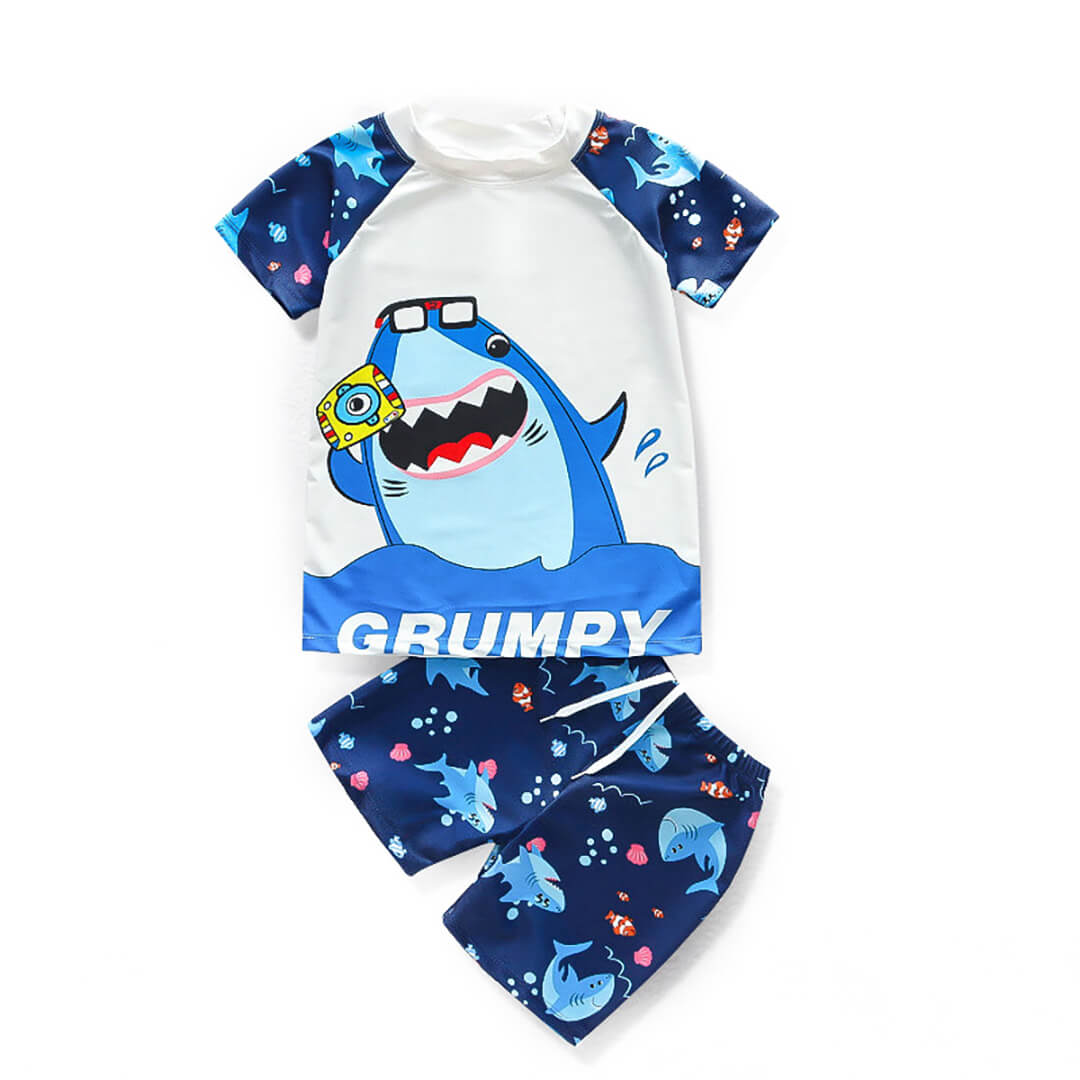 Boys' shark swim shorts set with colorful cartoon design