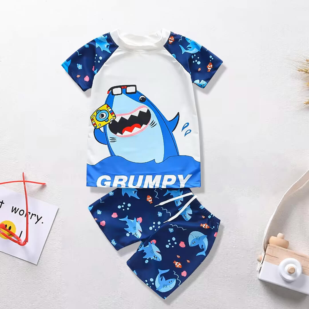 Kids quick-dry swim shorts with playful shark print