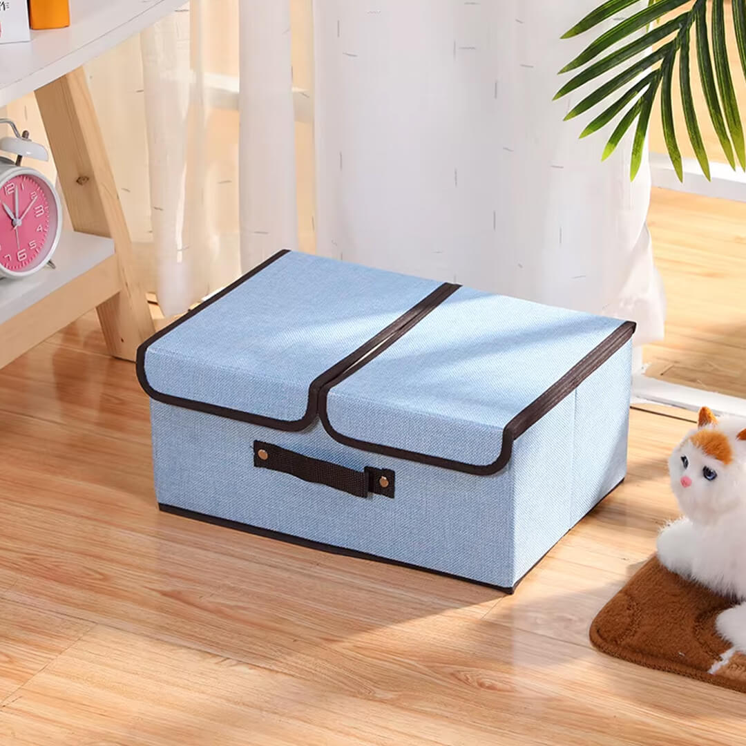 Storage box with lid, divider, and handles in blue color for toys and accessories.